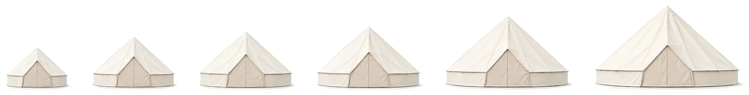Six bell tents drawn to one scale, from three metres across to seven